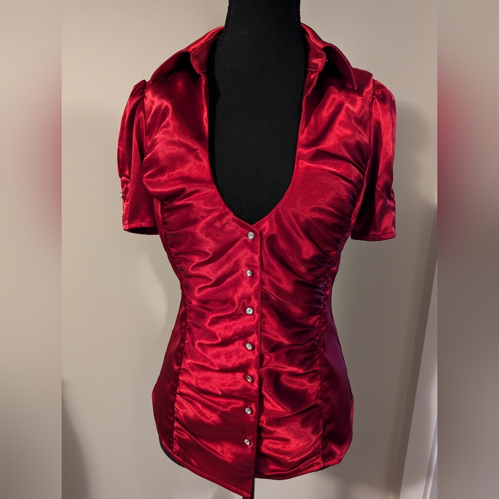 GUESS | Red satin short sleeve ruched blouse, gem buttons, low neckline, medium